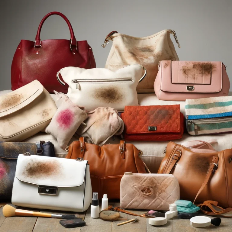 A variety of purses (cotton, nylon, polyester) with visible stains like makeup and food.png