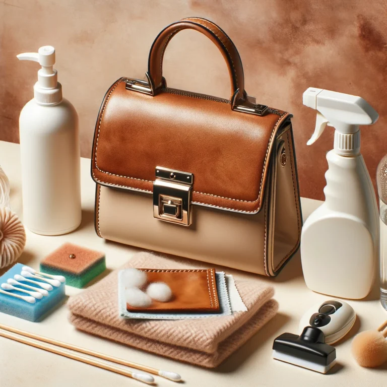 Image of luxury coach purse care accessories arranged neatly. Include a microfiber cloth, a bottle of gentle leather cleaner, fabric cleaner, a small vacuum