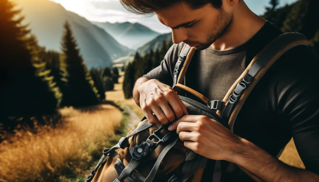 man adjusting his rucksack straps while hiking